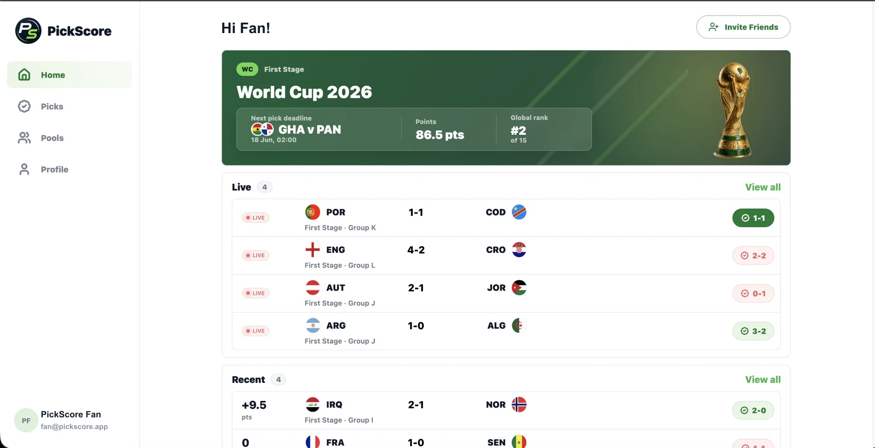 PickScore desktop dashboard