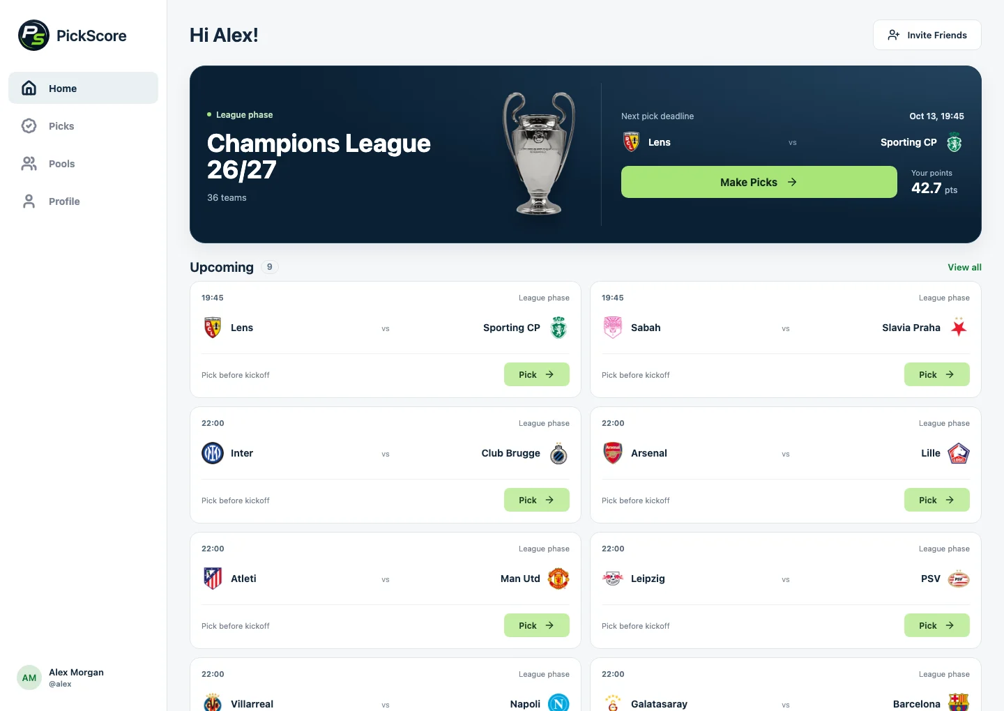 Current PickScore web dashboard with the Champions League competition and upcoming match picks