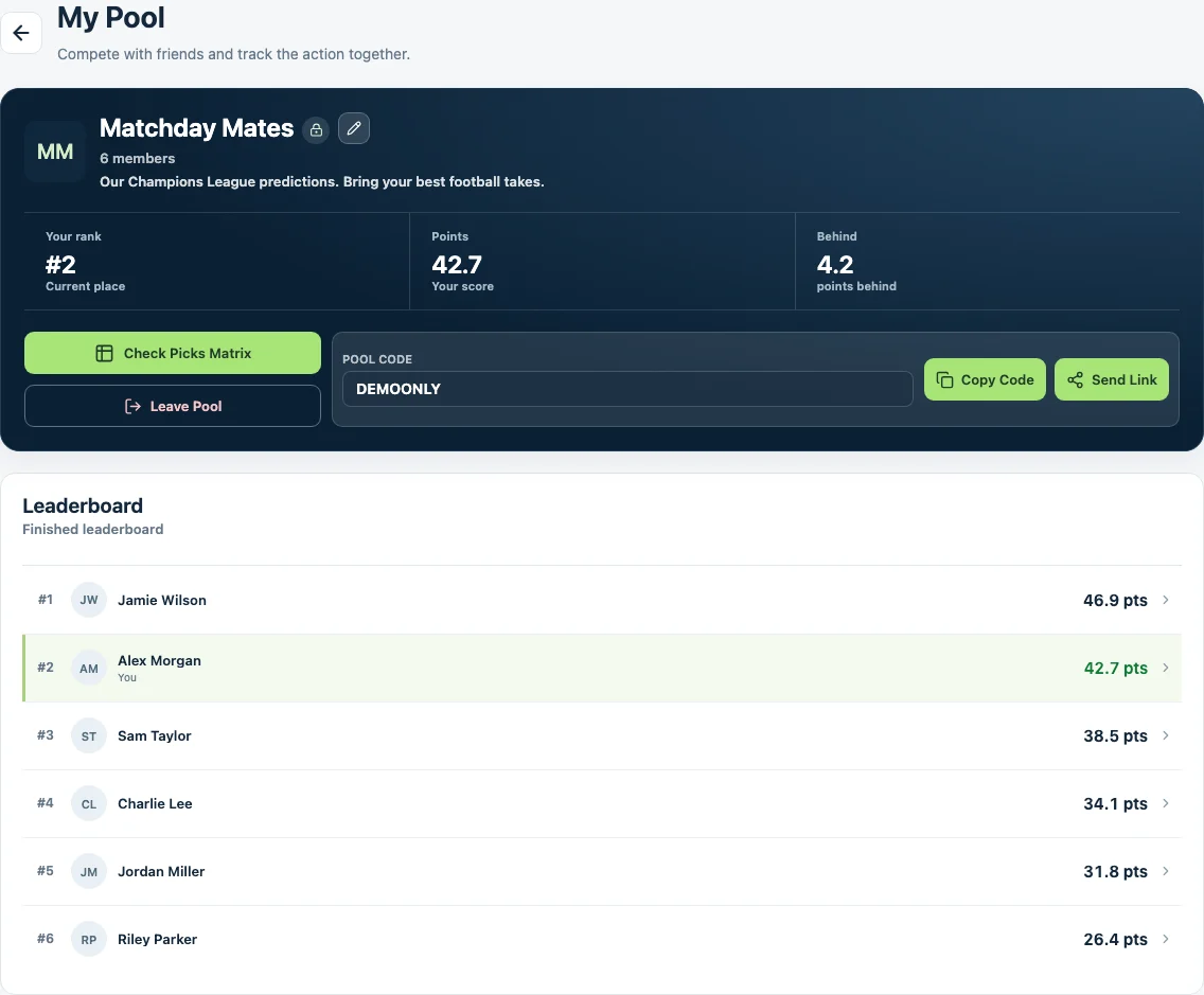 PickScore private pool with an invitation code and a six-player leaderboard using illustrative data