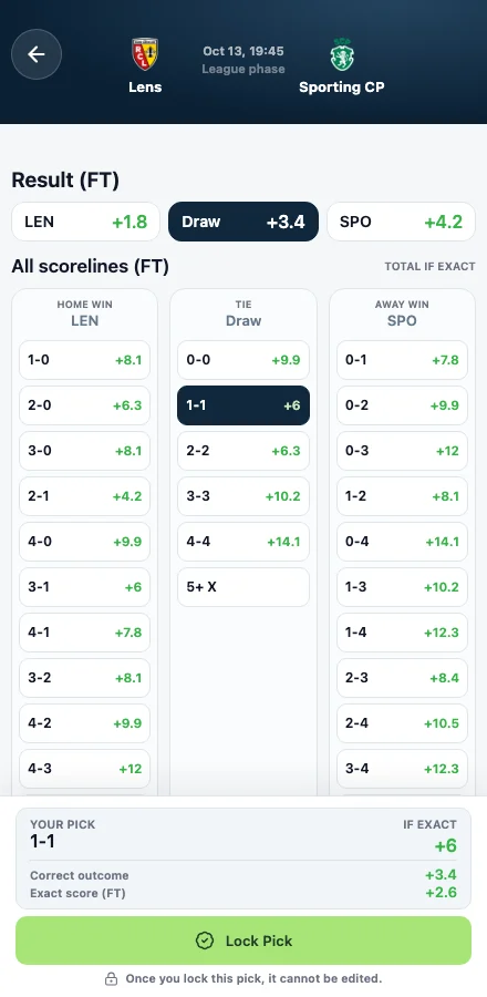 PickScore score selection showing outcomes, exact score points, and the Lock Pick button